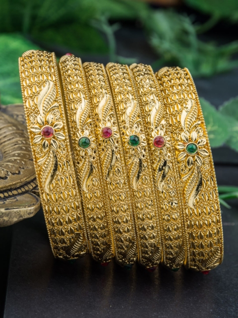 Alankruthi Set Of 6 Gold-Plated Magenta Pink & Green Stone-Studded Handcrafted Bangles