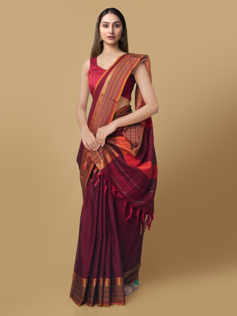 Unnati Silks Maroon Pure Cotton Solid Narayan Peth Saree