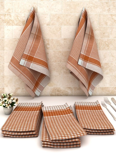 Athom Trendz Set Of 12 Brown & White Checked Cotton Multipurpose Kitchen Towels