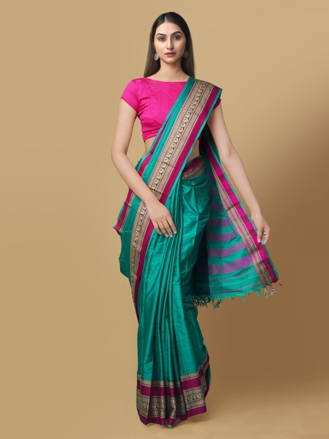 Unnati Silks Green & Pink Pure Cotton Striped Narayan Peth Handloom Saree
