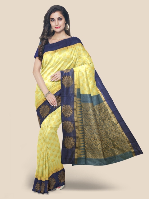 KLM Fashion Mall Yellow & Navy Blue Woven Design Chanderi Saree