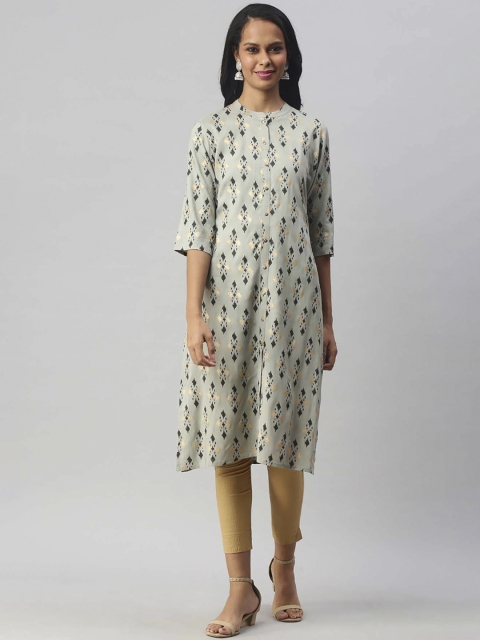Soch Women Grey & Golden Abstract Print Straight Kurta