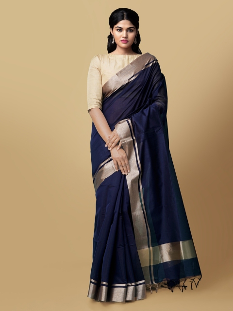 Unnati Silks Navy Blue Solid Handloom Baluchari Saree