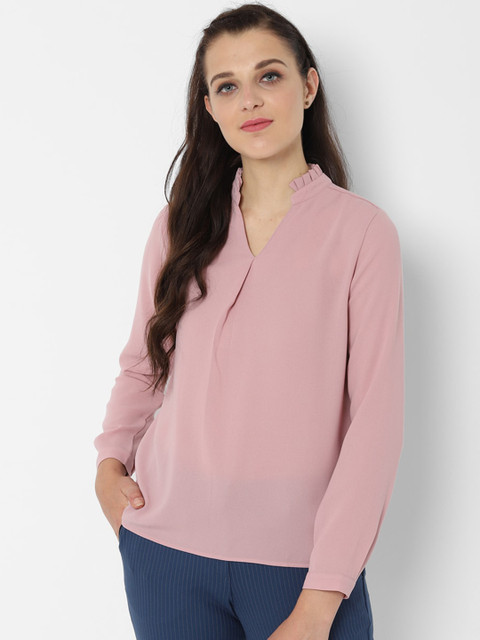 Allen Solly Woman Dusky Pink Solid Mandarin Collar Pleated Detail Shirt Style Top 
Allen Solly Woman Dusky Pink Solid Mandarin Collar Pleated Detail Shirt Style Top