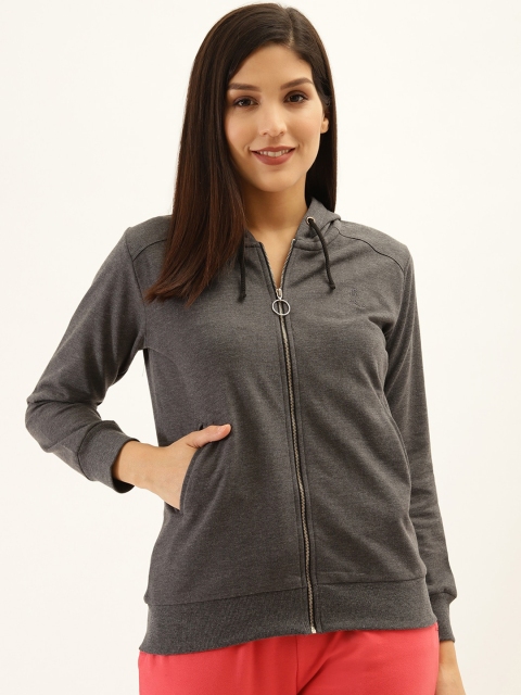 Laabha Women Grey Melange Solid Hooded Sweatshirt