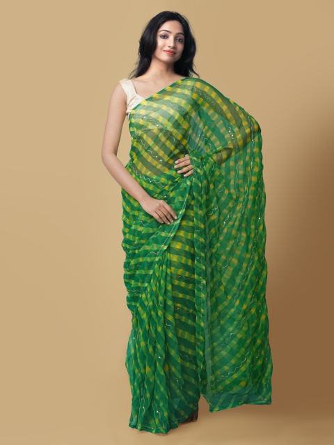 Unnati Silks Green & Yellow Pure Chiffon Checked Patola Handloom Saree