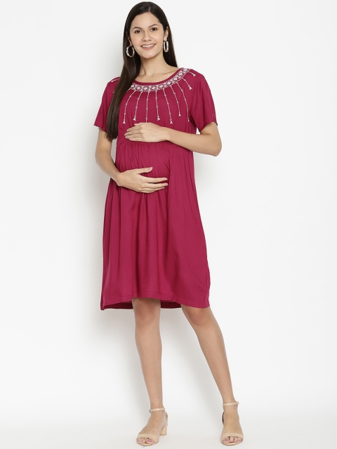 The Vanca Women Magenta Embroidered A-Line Dress