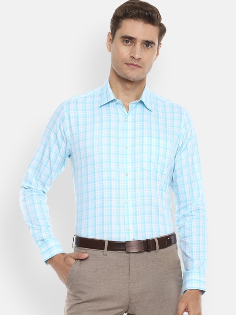 Van Heusen Men Blue & White Pure Cotton Slim Fit Checked Formal Shirt