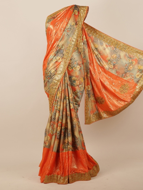 Pothys Orange & Grey Floral Print Embellished Saree