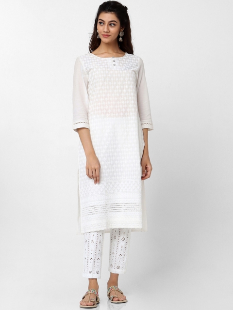 Naari Women White Ethnic Motifs Embroidered Cotton Kurta