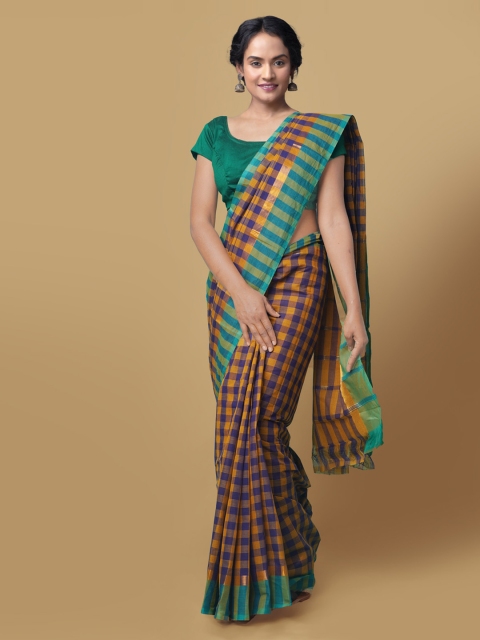 Unnati Silks Blue & Yellow Pure Cotton Checked Handloom Mangalagiri Sustainable Saree
