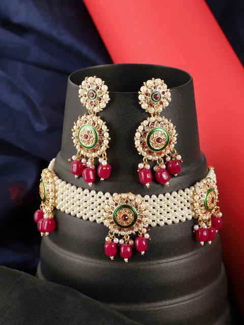 ANIKAS CREATION Gold-Plated Maroon & Green Stone-Studded Handcrafted Jewellery Set