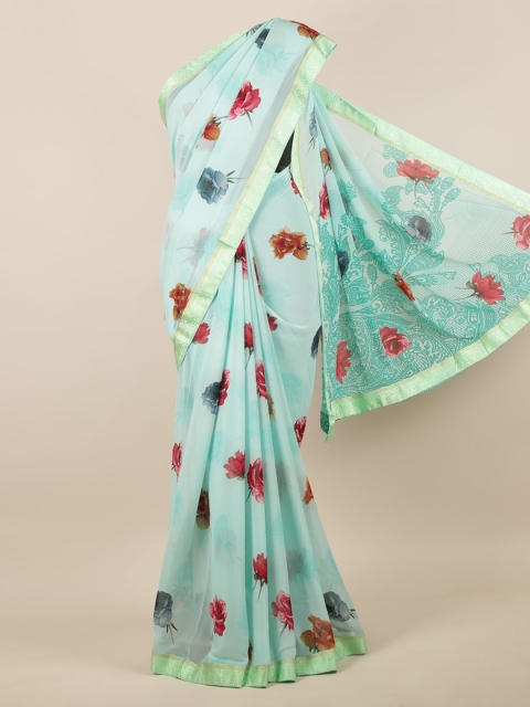 Pothys Blue Floral Printed Poly Chiffon Saree
