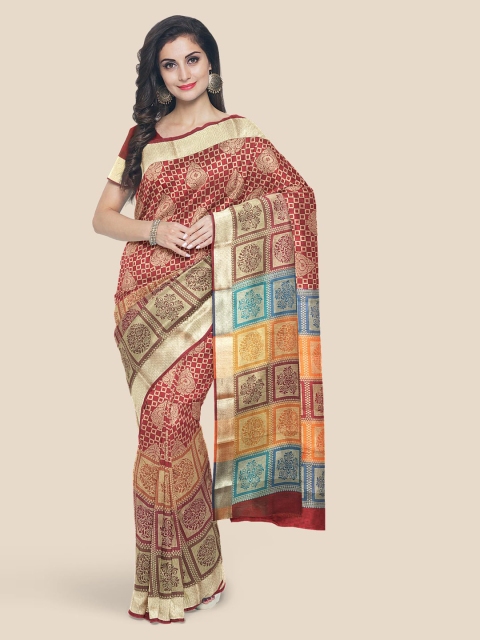 KLM Fashion Mall Maroon & Off-White Printed Kanjeevaram Saree