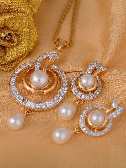 Saraf RS Jewellery Gold-Plated White AD-Studded Pearl Embellished Handcrafted Jewellery Set
Saraf RS Jewellery Gold-Plated White AD-Studded Pearl Embellished Handcrafted Jewellery Set