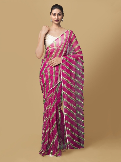 Unnati Silks Pink & Green Pure Chiffon Striped Bhagalpuri Saree