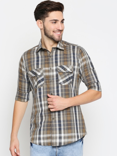 EVOQ Men Brown Regular Fit Checked Casual Shirt