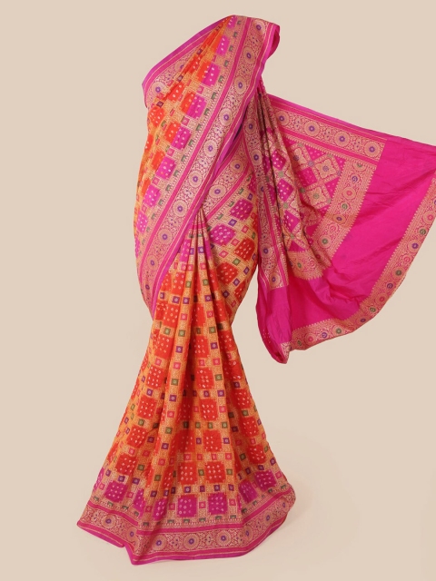 Pothys Orange & Pink Pure Silk Printed Bandhani Saree