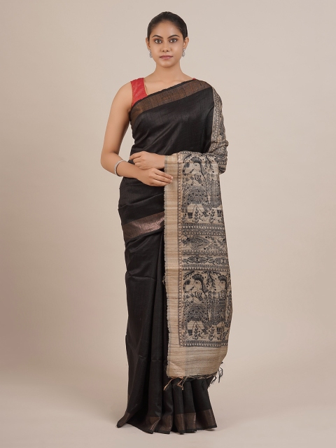 Pothys Black Solid Pure Silk Saree