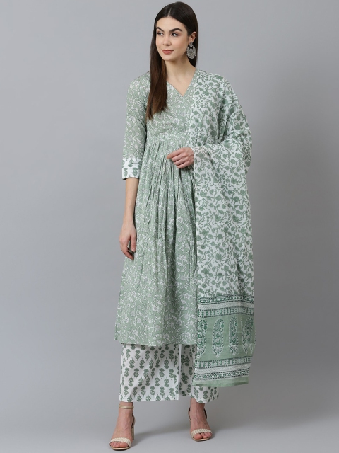 QOMN Women Green & White Printed Kurta with Palazzos & Dupatta