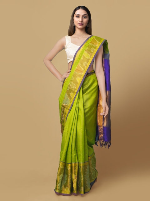 Unnati Silks Green & Blue Silk Cotton Solid Uppada Saree