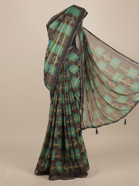 Pothys Navy Blue & Green Poly Chiffon Checked Saree