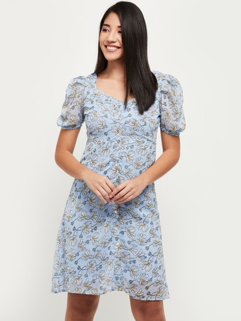 max Women Blue Printed A-Line Dress