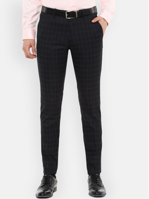 Van Heusen Men Black & Off-White Slim Fit Checked Formal Trousers