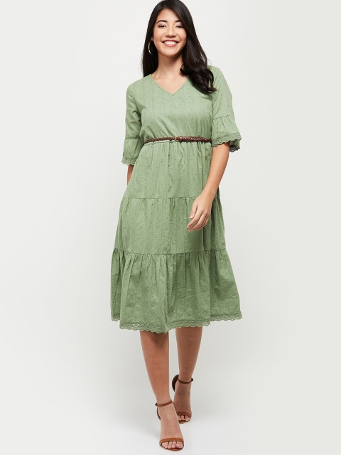 max Women Green Self Design A-Line Dress