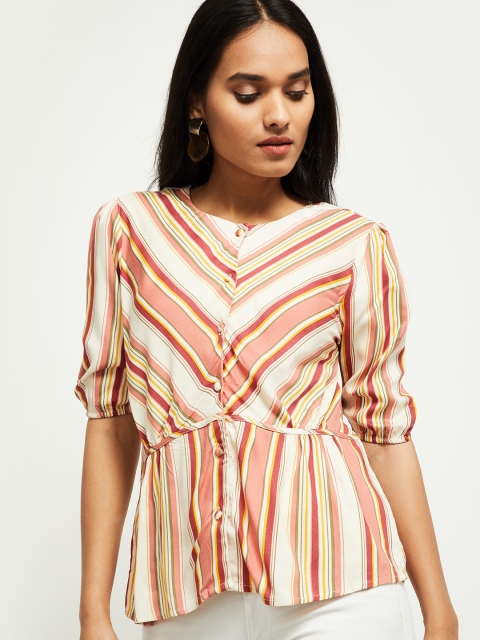max Off White & Pink Striped Georgette Shirt Style Top