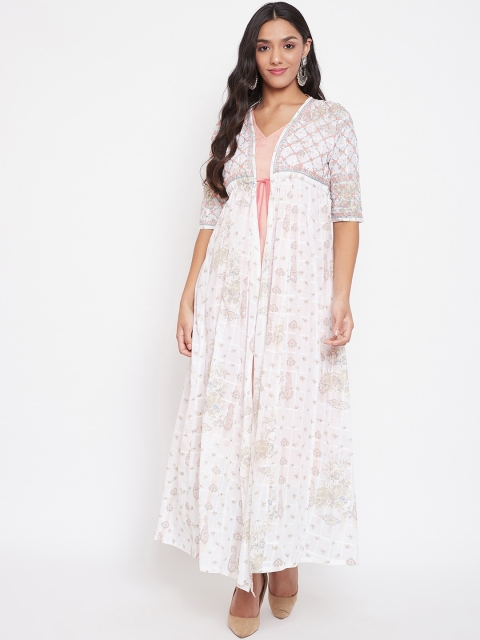 The Kaftan Company Women White & Pink Printed Layered Kurta with Trousers