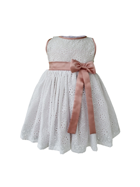 Faye Girls Off-White & Dusty Pink Schiffli Embroidered Fit and Flare Dress