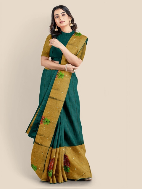 Kalamandir Teal & Gold-Toned Cotton Blend Solid Saree