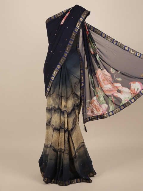 Pothys Cream-Coloured & Black Poly Chiffon Printed Saree