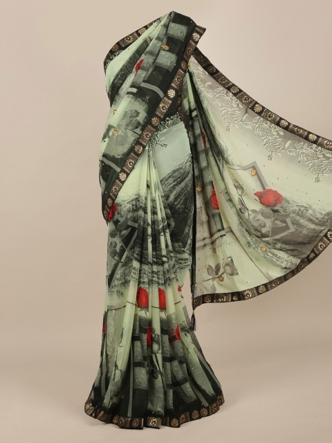 Pothys Green & Gold-Toned Poly Chiffon Printed Saree