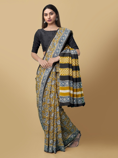 Unnati Silks Brown Pure Silk Printed Handloom Bengal Tussar Saree