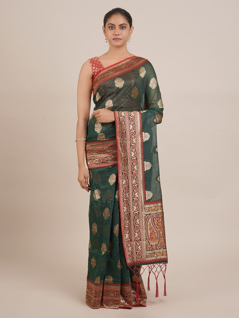 Pothys Green & Red Cotton Blend Woven Design Saree
