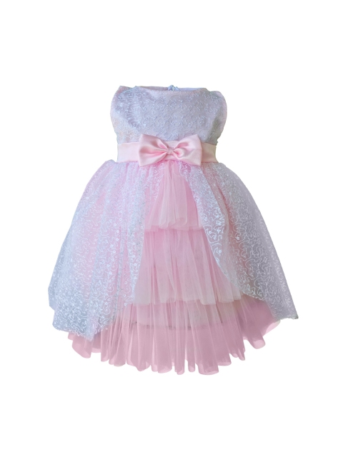 Faye Girls White & Pink Self-Design Net Fit and Flare Dress