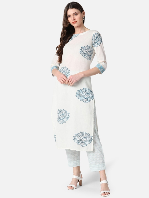 AHIKA Women White & Blue Printed Kurti with Trousers