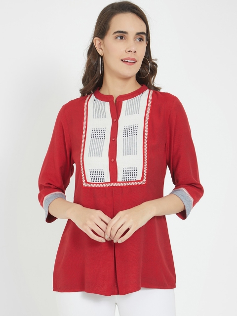 Fusion Beats Red & Off White Mandarin Collar Top
