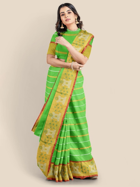 Kalamandir Green Striped Cotton Blend Saree