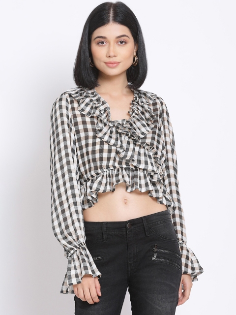 Oxolloxo Black & White Checked Bell Sleeves Regular Crop Top
