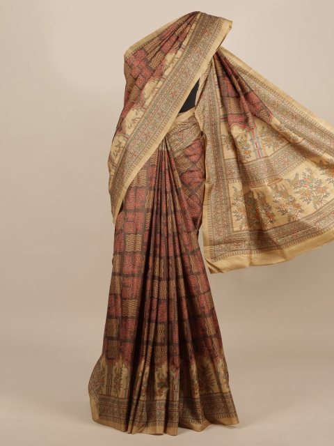 Pothys Brown Printed Jute Silk Saree