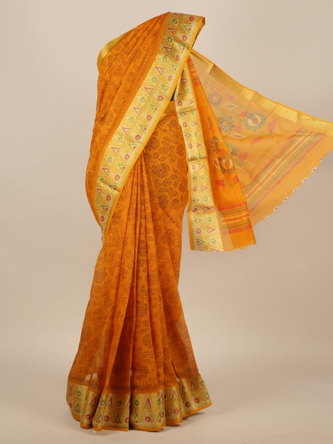 Pothys Mustard Printed Jute Silk Saree
