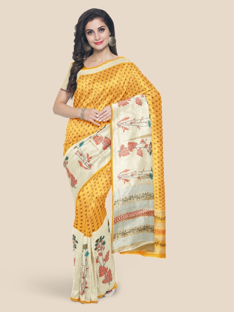 Kalamandir Orange Printed Cotton Blend Saree