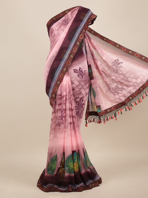Pothys Pink Printed Poly Chiffon Saree With Tasseled Pallu