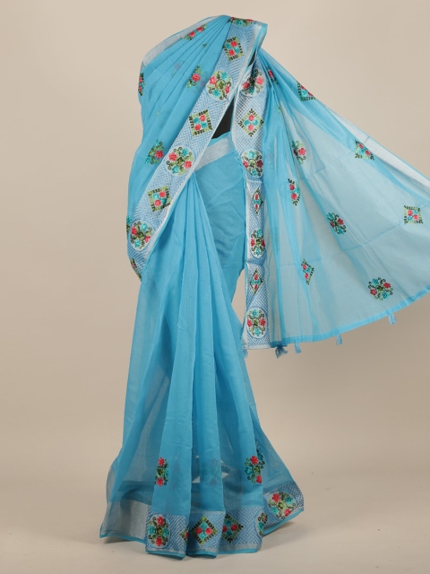 Pothys Blue Embroidered Jute Silk Saree