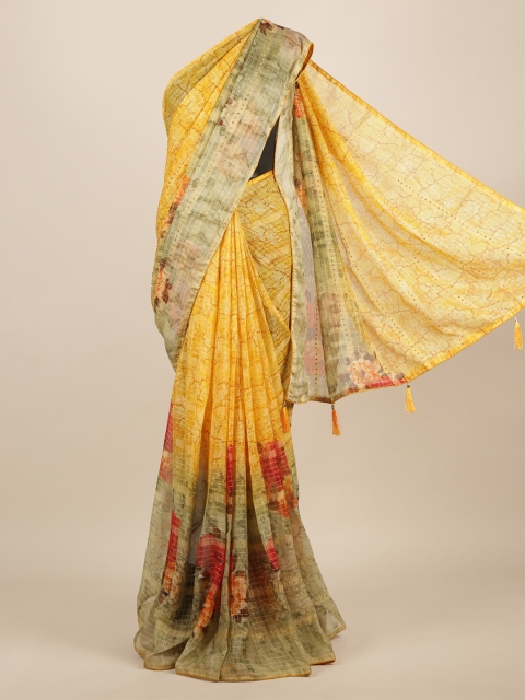 Pothys Yellow Printed Poly Chiffon Saree