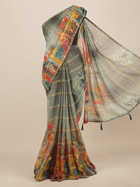 Pothys Multicoloured Checked Poly Chiffon Saree, Multi