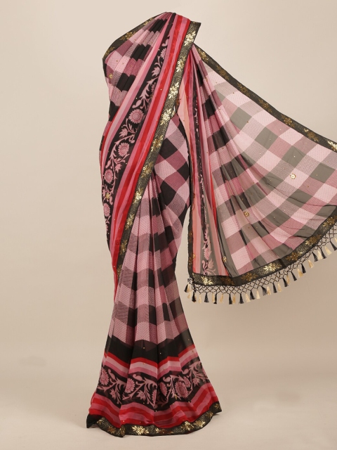 Pothys Pink Checked Poly Chiffon Saree